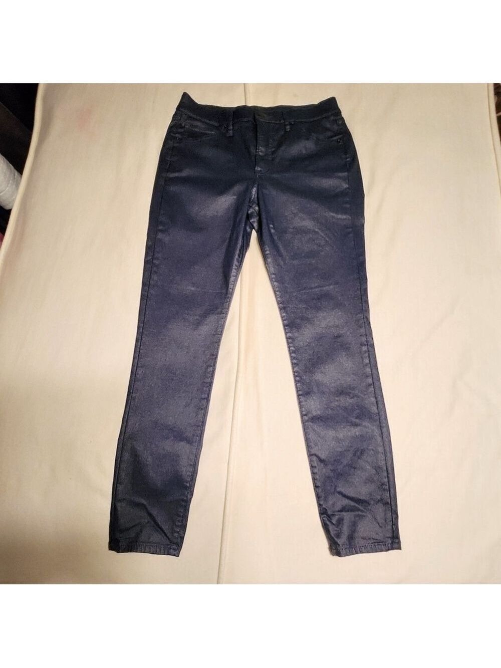 Express Blue Shimmer Coated Denim Skinny Pants Size 8 Regular - Picture 6 of 9
